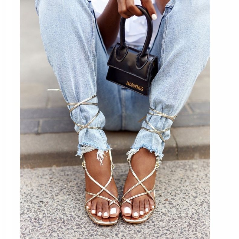 PS1 Svázané sandály na vysokém podpatku se čtvercovou zlatou dráhou zlatý 3