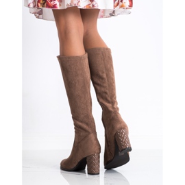 SHELOVET Semišové kozačky na vysokém podpatku hnědý 1