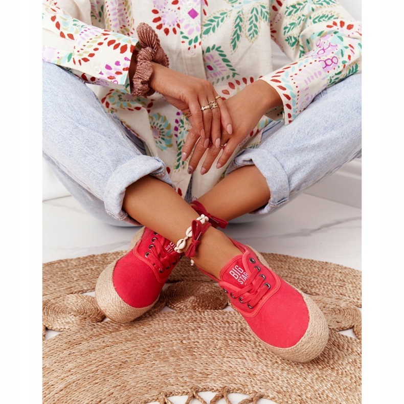 Šněrovací espadrilky na pletené platformě Big Star FF274141 červená červený 3