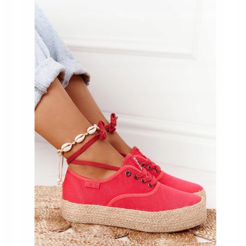 Šněrovací espadrilky na pletené platformě Big Star FF274141 červená červený 4