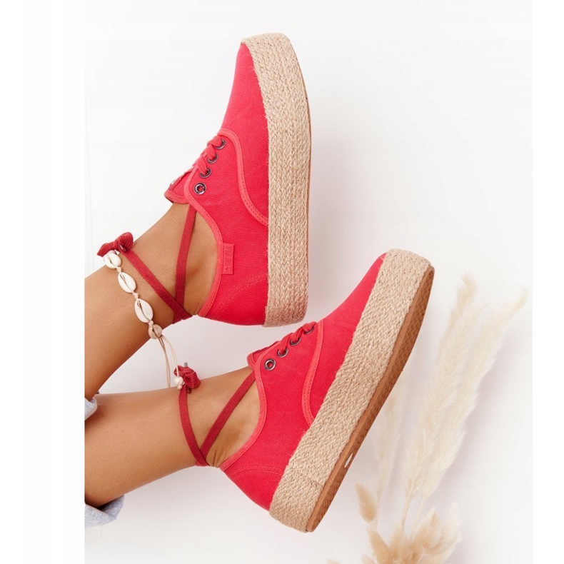 Šněrovací espadrilky na pletené platformě Big Star FF274141 červená červené 5
