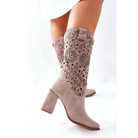 Lewski Shoes Dámské kožené boty na podpatku Cappuccino Lewski 2923 Pick Me Up béžový 2