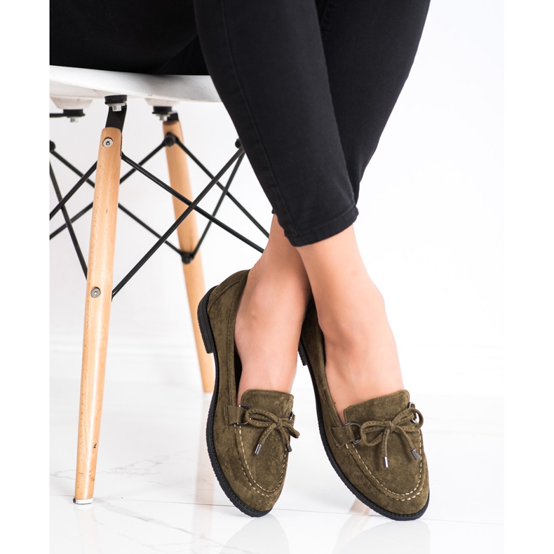 SHELOVET Semišové mokasíny s mašlí hnědý zelená 2