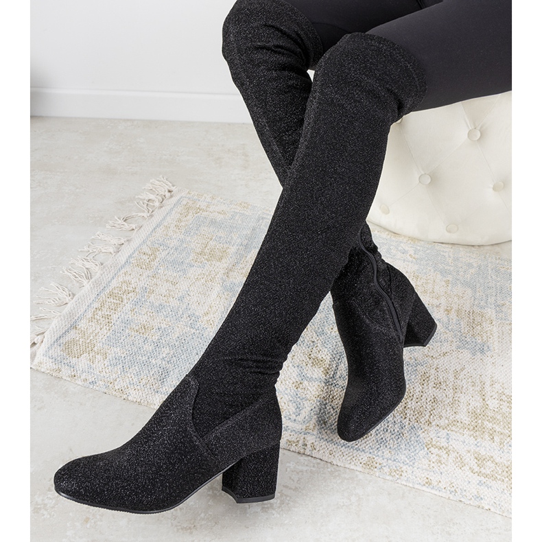 Černé lesklé boty přes koleno Uta černá stříbrný 1