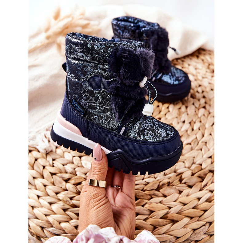PJ2 Dětské teplé sněhové boty s kožešinou Navy Blue Dessa bílý námořnická modř 2