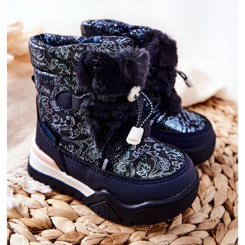 PJ2 Dětské teplé sněhové boty s kožešinou Navy Blue Dessa bílý námořnická modř 1