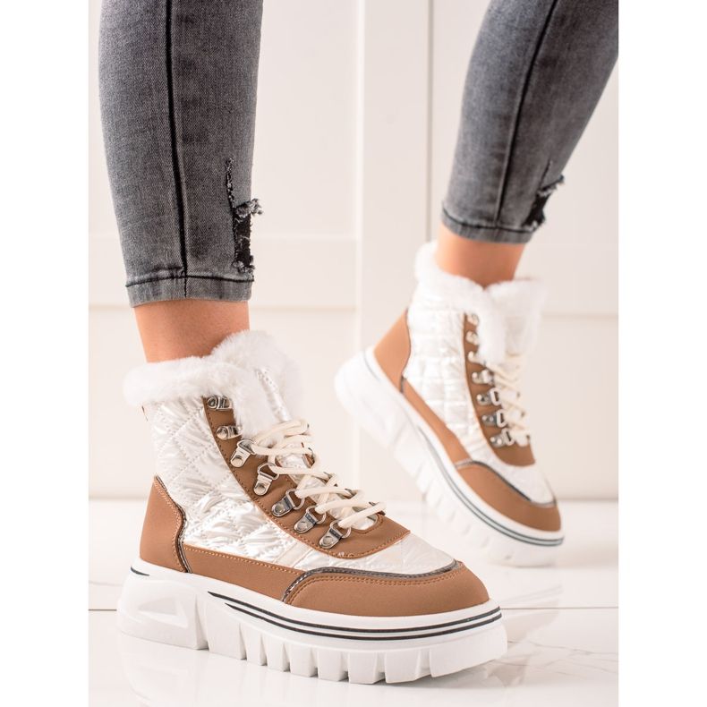 TRENDI Teplé sněhové boty na plošině bílý hnědý 1
