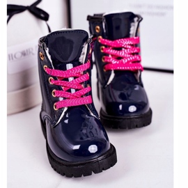 Dětské boty zateplené kožešinou, lakované Navy Pinkie námořnická modř 3