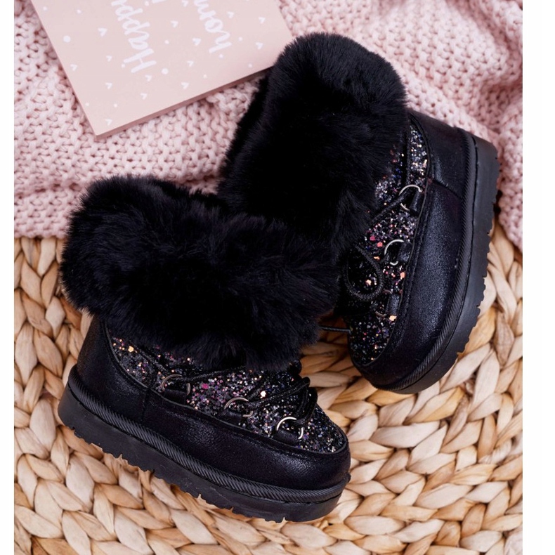 FRROCK Teplé dětské sněhule s kožešinou Black Crystal Fox černý 3