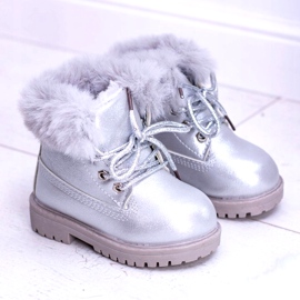 Stříbrné teplé dětské boty Trappers Fobos stříbrný 4