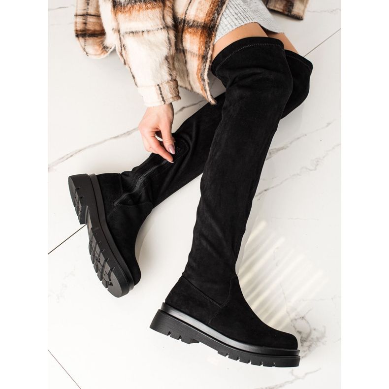 Sixth Sense Semišové stehenní boty na platformě černá 1