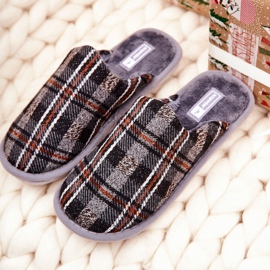 WJ1 Pánské teplé šedé kostkované pantofle Whisper hnědý šedá 2