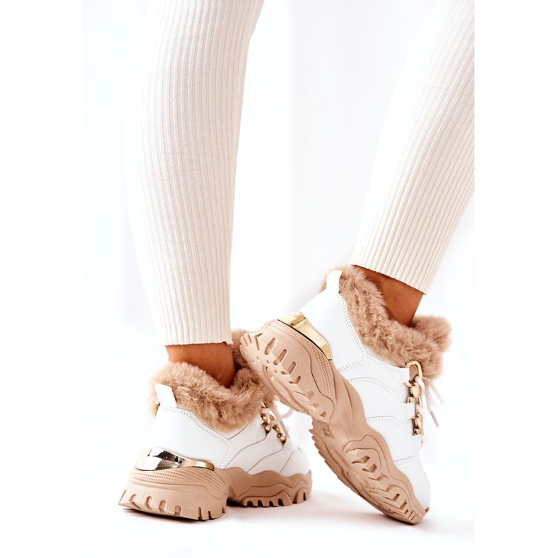 PM1 Kožená zateplená sportovní obuv bílá a béžová lesklá béžový bílý 3