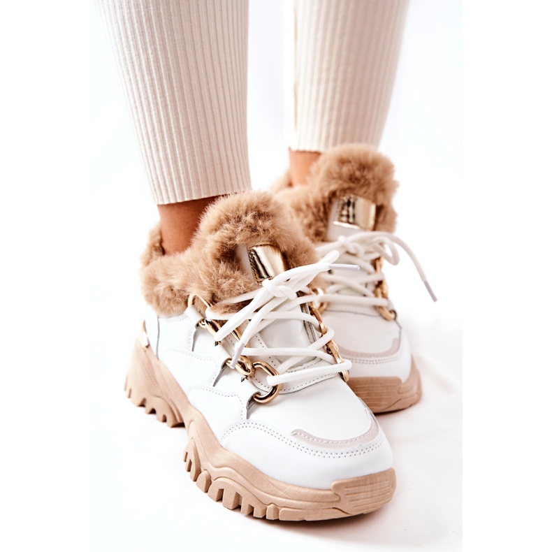 PM1 Kožená zateplená sportovní obuv bílá a béžová lesklá béžový bílý 4