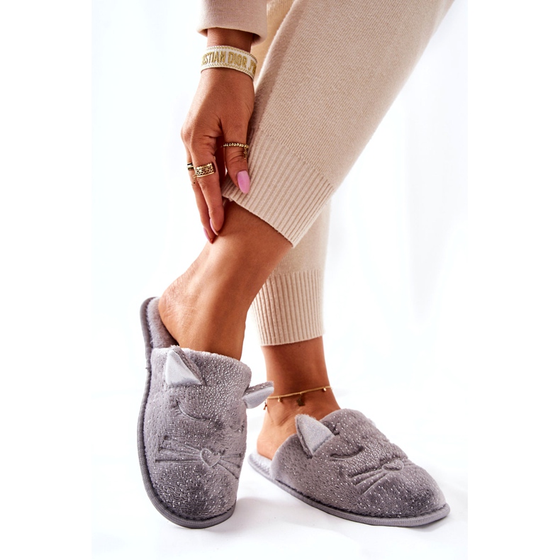 PE1 Lesklé kotěcí pantofle s šedýma ušima Kaisy šedá 1