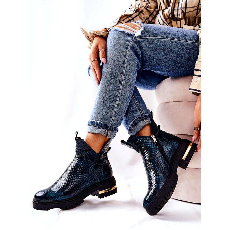 PA2 Zelené krokodýlí teplé kožené boty Tanya černá zelená 4