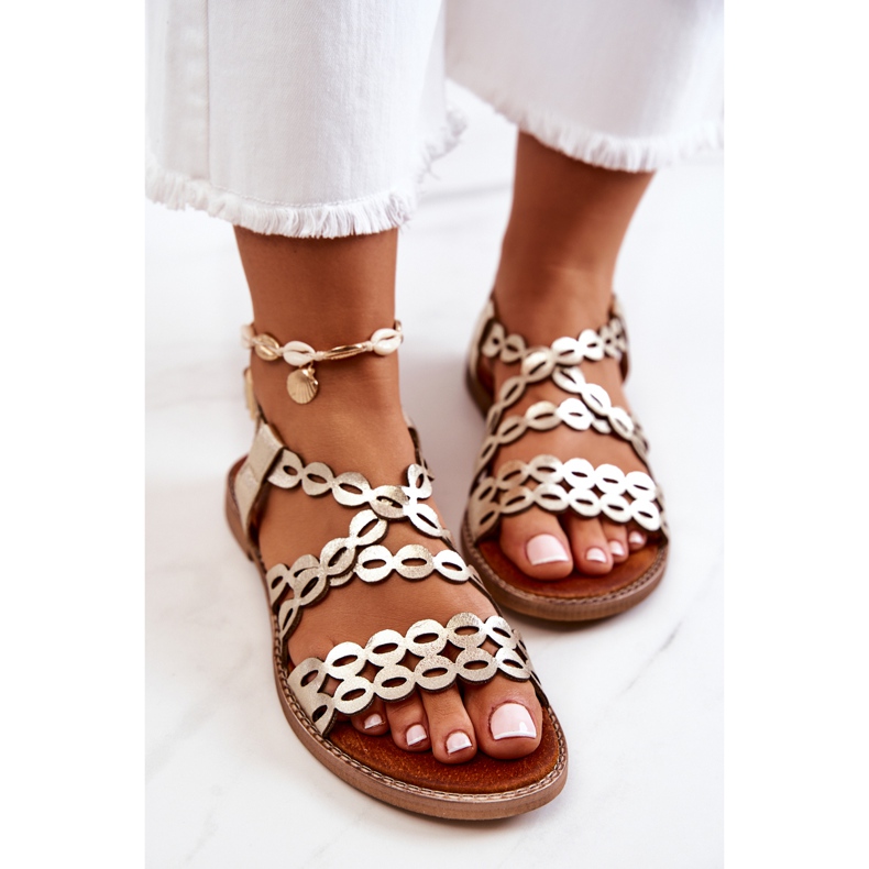 Lewski Shoes Kožené prolamované sandály Lewski 3022 Golden zlatý 1