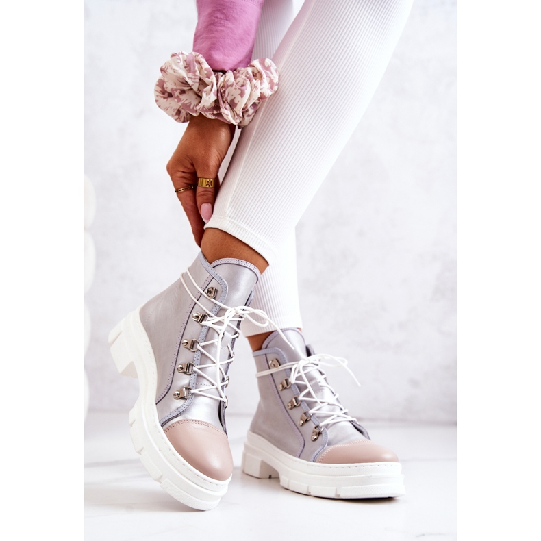 PK1 Stříbrné Letty Kožené Boty béžový stříbrný 2