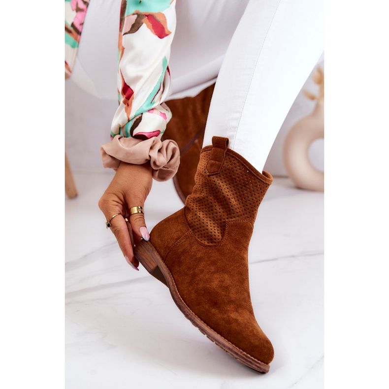 S.Barski Semišové dámské prolamované boty Camel Lemar hnědý 1