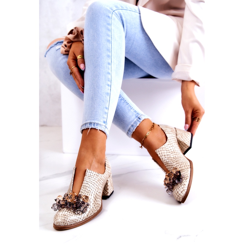 PA2 Elegantní kožené vysoké podpatky s béžovým zdobením Delaver 4