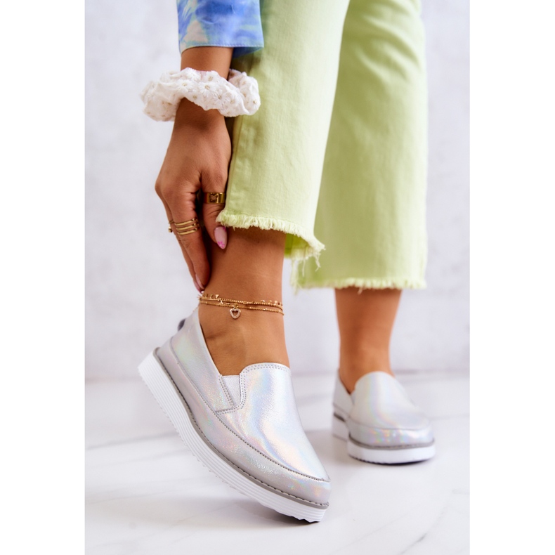 Dámské kožené tenisky Slip-On S.Barski Holographic Silver stříbrný 1