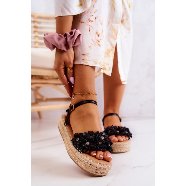 FW1 Dámské sandály Espadrilky s květinami Black Marlon černý 1