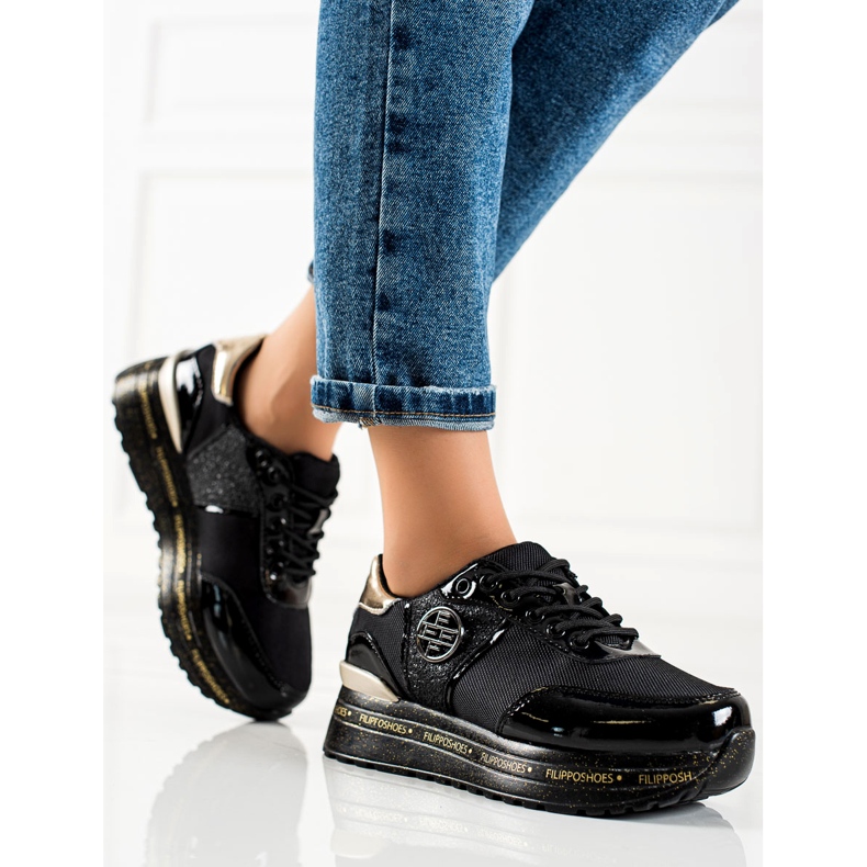 Filippo Módní kožené tenisky černá zlatý 1