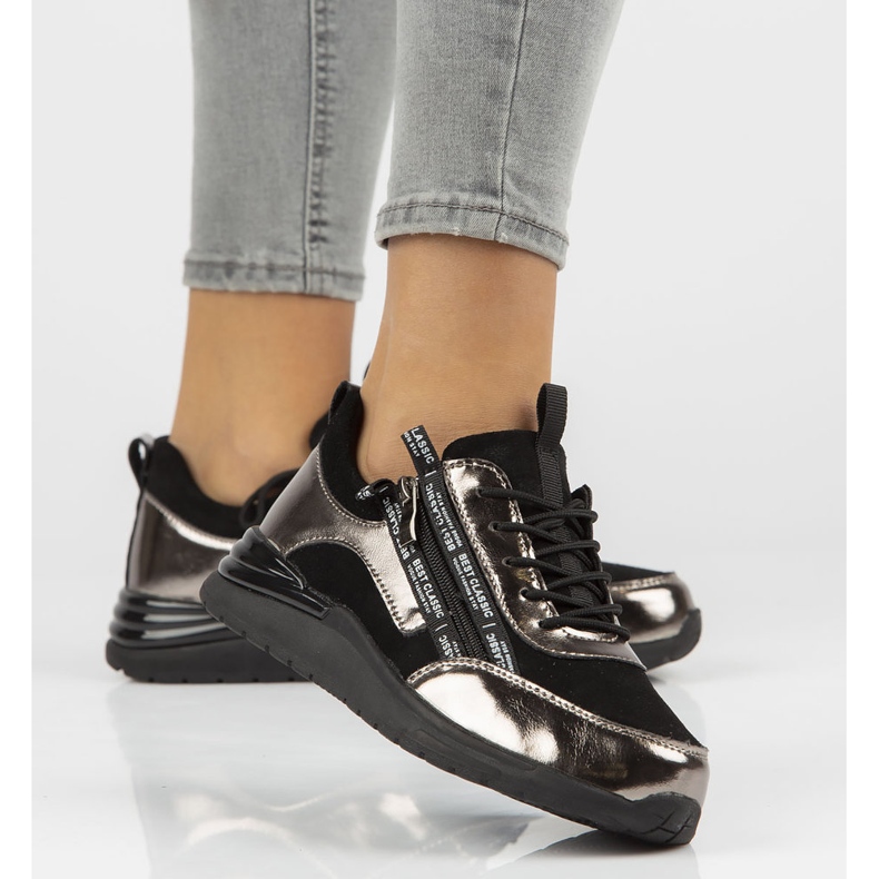 Kožené tenisky Filippo DP3149 / 21 Bk Gn tmavý nikl černá stříbrný 1