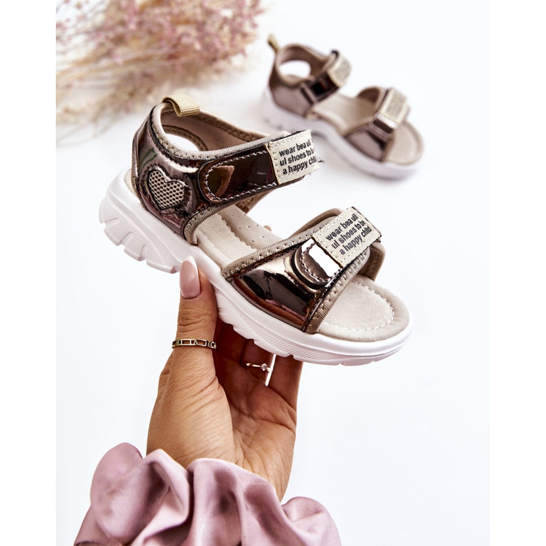 PJ2 Kožené dětské sandály na suchý zip tmavě zlatý amoss hnědý 1