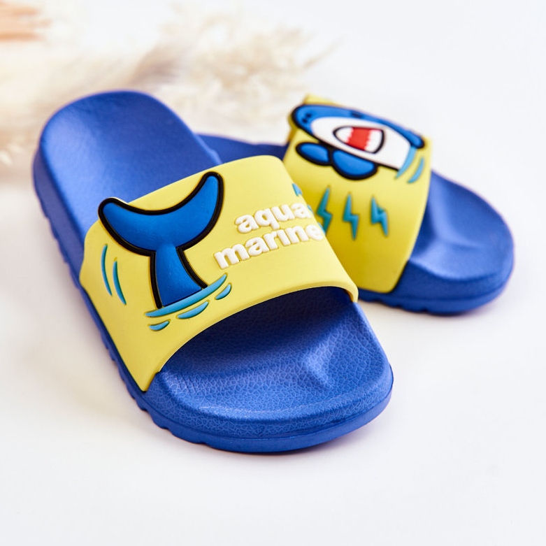 Lehké dětské žluto-modré pantofle Sharky modrý žluť 2