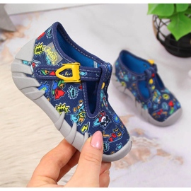 Chlapecké pantofle do školky, tmavě modrá a šedá Befado námořnická modrá 1