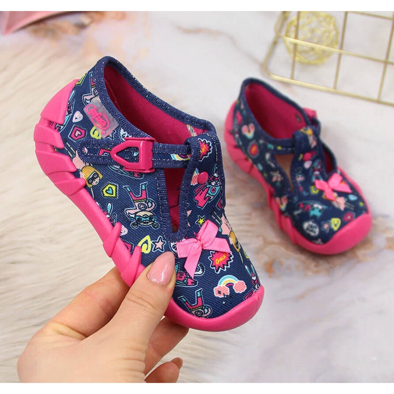 Dívčí pantofle do školky, tmavě modrá Befado námořnická modrá růžový 1