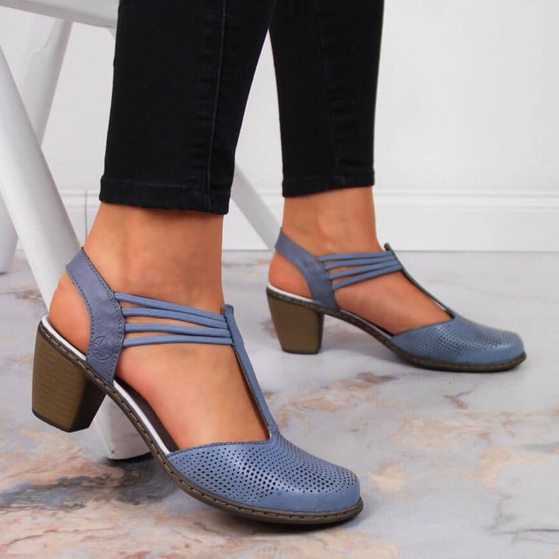 Kožené dámské sandály s gumou Rieker 40988-12 modrý 2