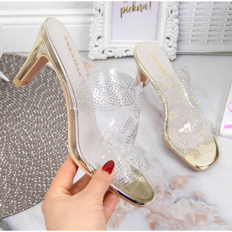 Transparentní dámské pantofle se zlatými kubickými zirkony Sabatina bezbarvý 1