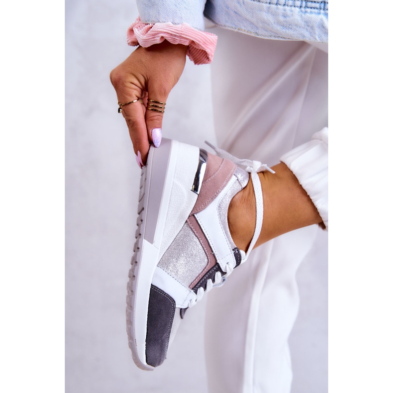 S.Barski Kožené sportovní boty Tenisky na klínu Stříbrno-šedá Elissa bílý růžový stříbrný 3