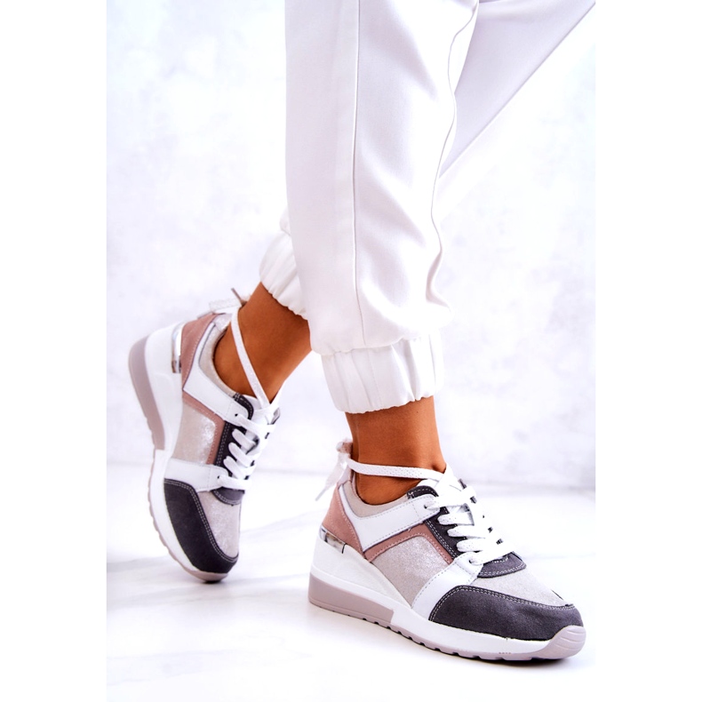 S.Barski Kožené sportovní boty Tenisky na klínu Stříbrno-šedá Elissa bílý růžový stříbrný 4