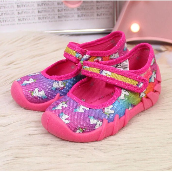 Růžové balerínové pantofle na suchý zip Jr. Befado růžový 2