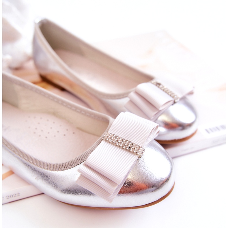 S.Barski Kožené dětské baleríny s ozdobnou stříbrnou mašlí Claril stříbrný 2