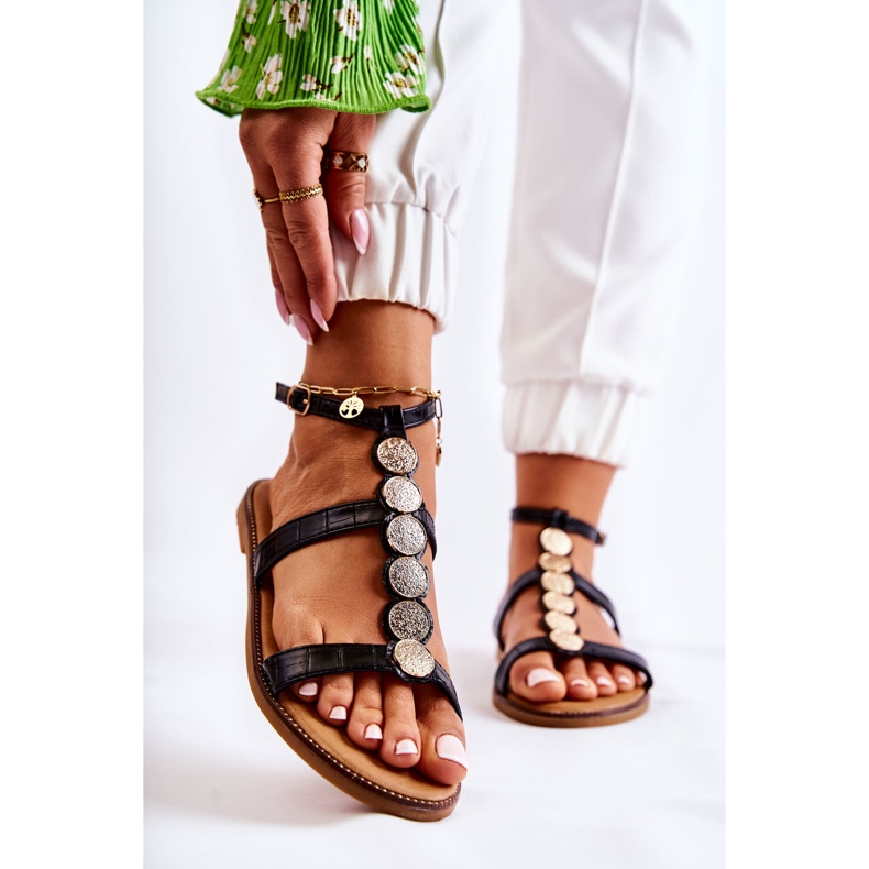 FJ1 Dámské sandály s ozdobným páskem černá Seila zlatý 2