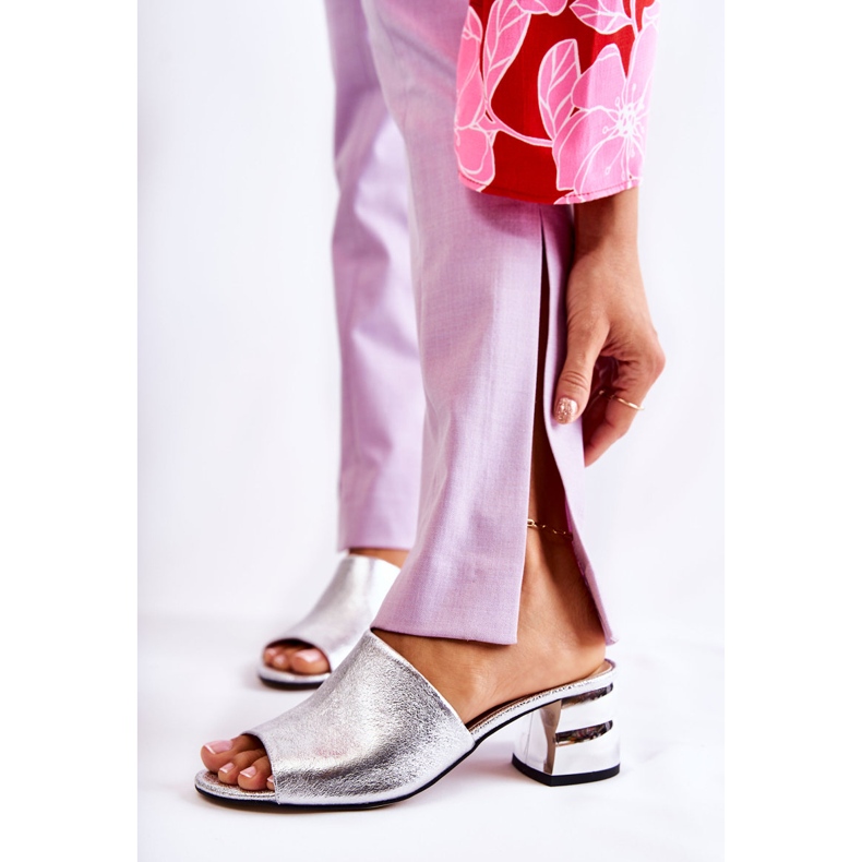 PA2 Kožené Dámské Pantofle Na Podpatku Stříbrné Perry stříbrný 1