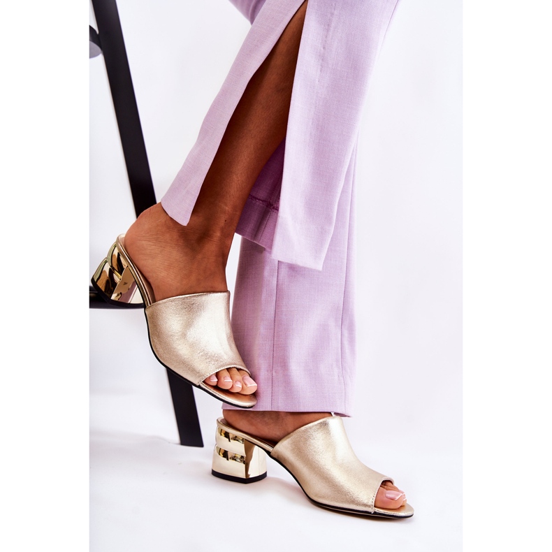 PA2 Kožené Dámské Pantofle Na Vysokém Podpatku Golden Perry zlatý 2