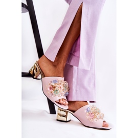 PA2 Kožené dámské pantofle na vysokých podpatcích s růžovým zdobením Calinda 2