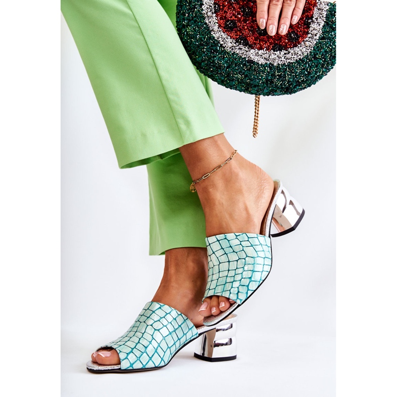 Kožené dámské pantofle Krokodýl na podpatku Světle zelená Perry 2