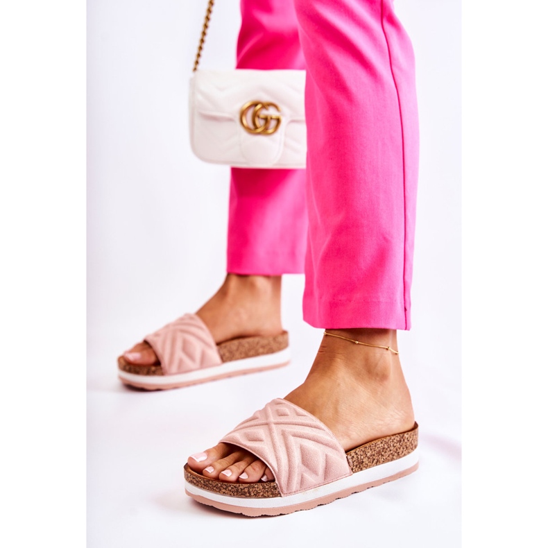 PG1 Dámské semišové pantofle na masivní růžové platformě Heritta růžový 1