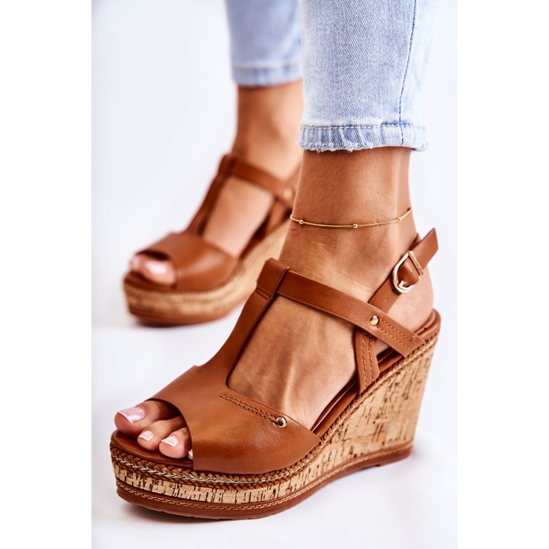 PG1 Klasické kožené sandály na hnědém klínku Valorin hnědý 1