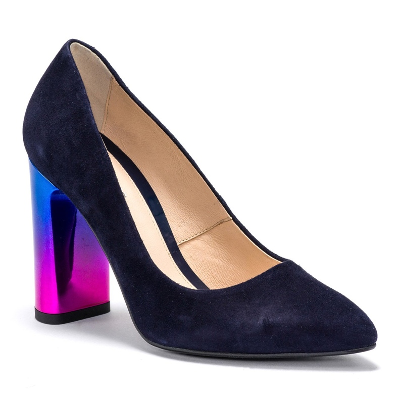 Marco Shoes Elegantní kožená lodička s vícebarevným vysokým podpatkem námořnická modř 2