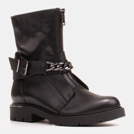 Marco Shoes Kožené kotníkové boty s řetízkem, přezkou a zipem. Lovci černý 1