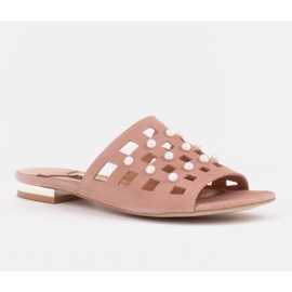 Marco Shoes Elegantní dámské pantofle s perlami a perforací růžový 1