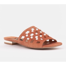 Marco Shoes Elegantní dámské pantofle s perlami a perforací pomerančový 1