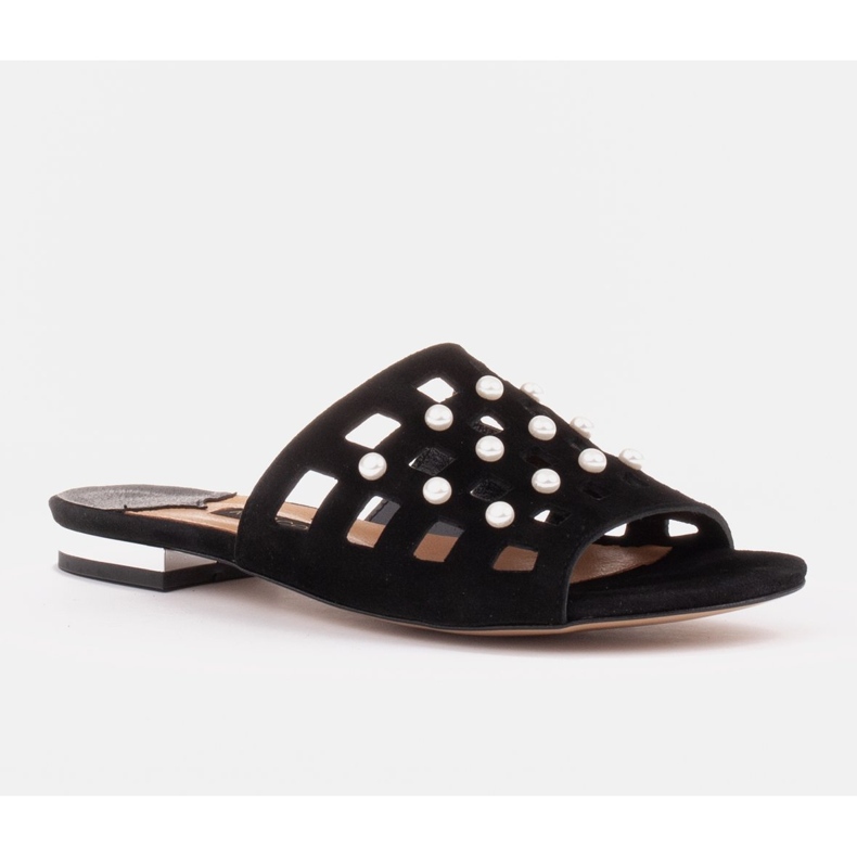 Marco Shoes Elegantní dámské pantofle s perlami a perforací černá 1